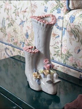 Porcelain Double Boot Vase with Pink Ruffle Trim